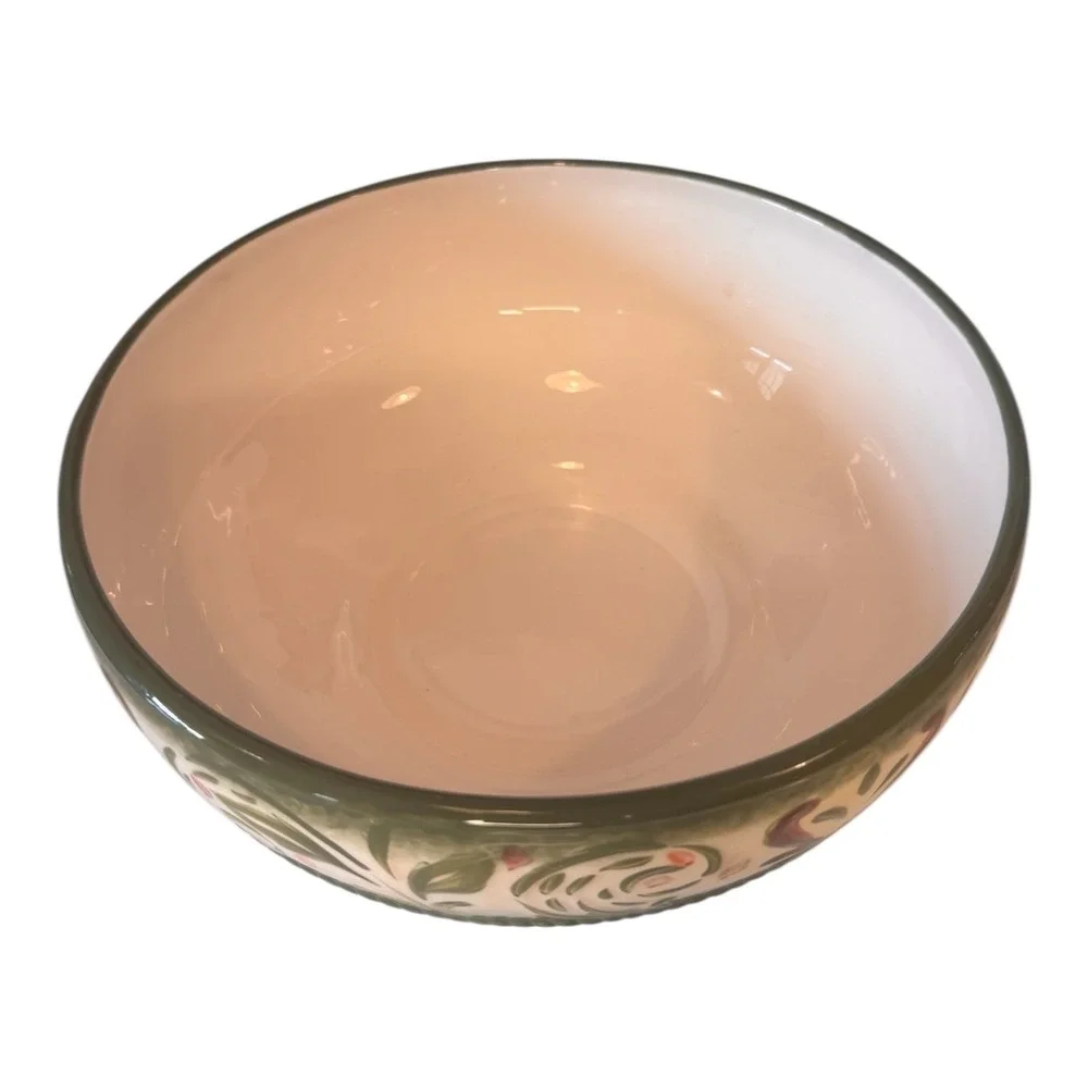 Fitz and Floyd Giardino Serving Bowl Handcrafted Ceramic Green Floral Round 9in